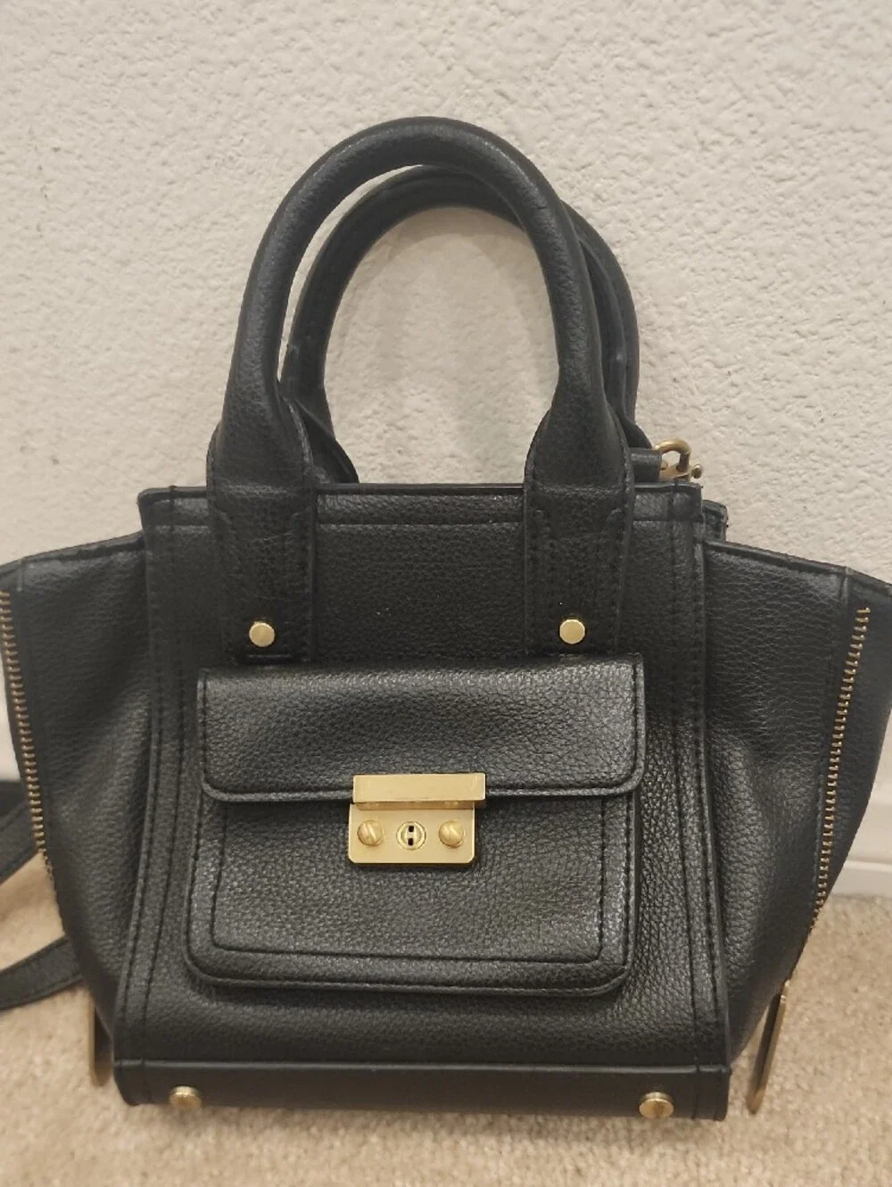 Black Leather Satchel Handbag with Gold Hardware